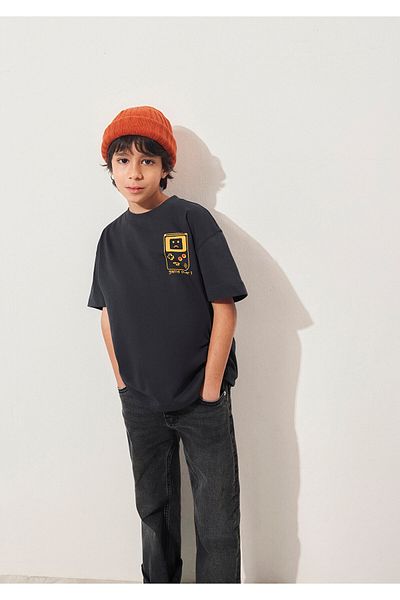 Mavi Bedrucktes anthrazitfarbenes T-Shirt in Übergröße / Weit geschnitten 6610257 -70087