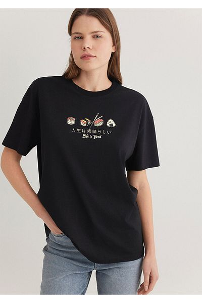 Mavi Sushi Printed Black T-Shirt Loose Fit / Loose Relaxed Fit 1613050 -900