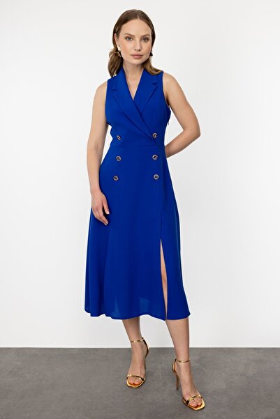 Ekol Mi Mono Yaka Dizlerden Yırtmaçlı Düğmeli Elbise