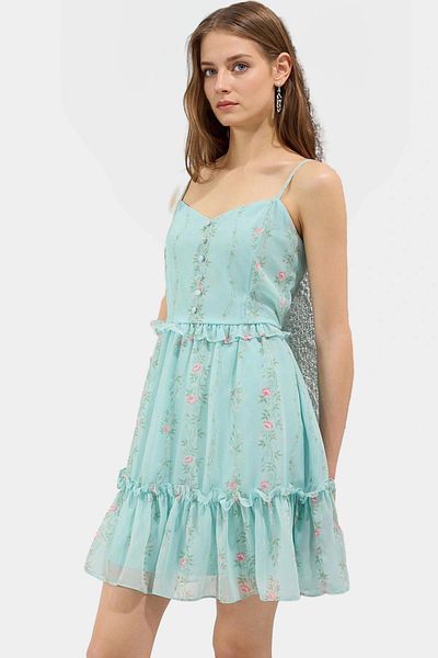 PayBuy Summer Floral Mini Chiffon Dress Lined Heart Collar Woven Durable Material Modern Style