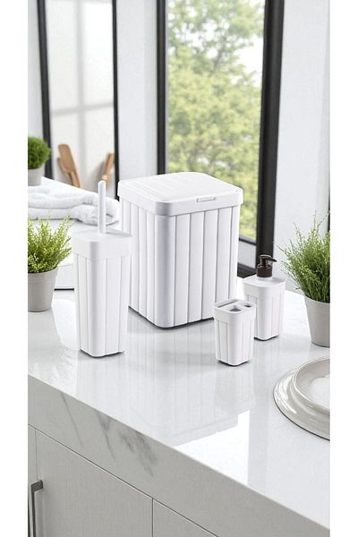 Herza House 4-Piece Bathroom Set - Bas Open Lid Trash Can (10 L) - Wc Brush Holder - Toothbrush Holder - Liquid Soap Dispenser