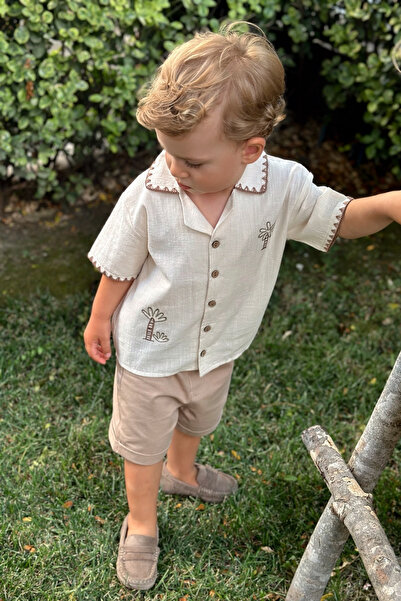 Minipodyum Erkek Bebek Palmiye Nakışlı Şortlu Yazlık Ikili Takım