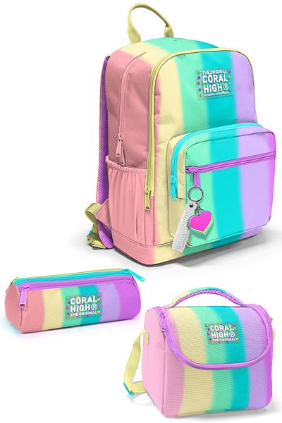 Coral High Set de genți de școală din 3 piese cu model în dungi colorate 0123630