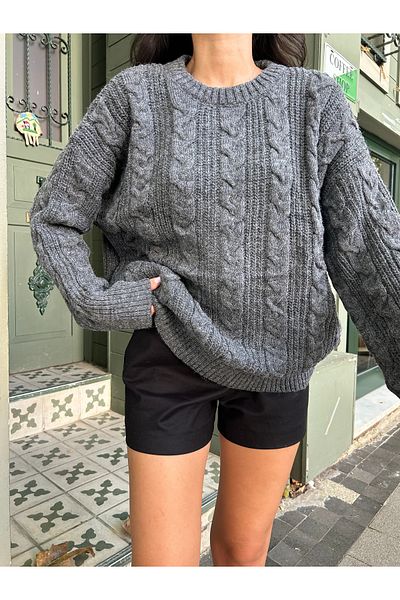 Puella Women's Oversize Soft Anthracite Hair Braided Knitwear Sweater
