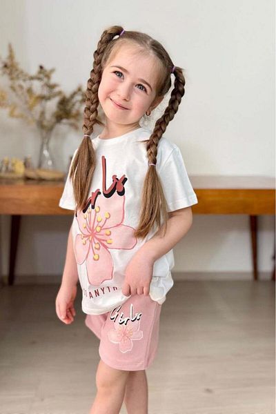Riccotarz Girl's Flower and Girl Text Printed Combed Cotton T-Shirt Powder Shorts Set
