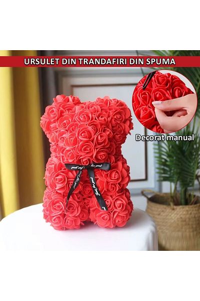 NEXTLY Ursulet Din Trandafiri Din Spuma , Decorat Manual, 25cm, Cutie Transparenta Inclusa, Rosu
