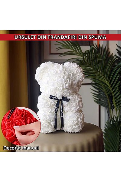 NEXTLY Ursulet Din Trandafiri Din Spuma , Decorat Manual, 25cm, Cutie Transparenta Inclusa, Alb