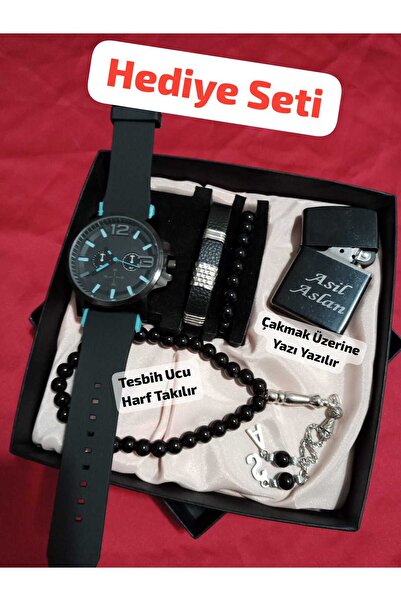 Brality Özel Kutulu Hediyelik Çakmaklı Erkek Kombin Saat Seti -çakmak Tesbih ...