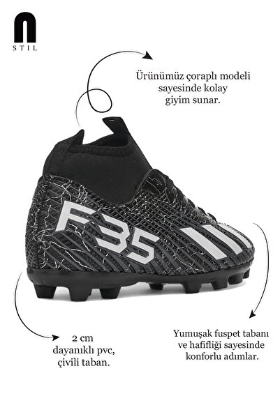 Allyup Erkek Çocuk Siyah Beyaz Halı Saha Krampon Çoraplı Çivili Futbol Spor Ayakkabısı F35kr