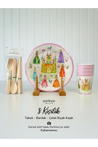 partince 8 Personality Princess Castle Theme Μίας χρήσης Χάρτινο Πιάτο-Ποτήρι-Πιρούνι Κουτάλι-Μαχαίρι-Σετ πάρτι 3 τεμαχίων