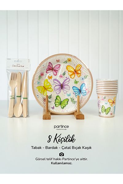 partince 8 Personality Pastel Butterfly Flower Theme Μίας χρήσης Χάρτινο Πιάτο-Ποτήρι-Πιρούνι Κουτάλι-Μαχαίρι-Σετ πάρτι 3 τεμαχίων