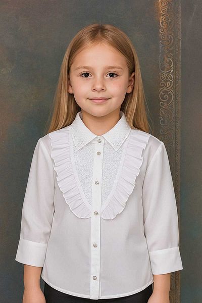 Elayza CAMĂȘĂ ALBĂ CU GULER ȘI BUDRĂ BRODELATĂ CU PERLE și Volane/ 23 APR cămașă școală fetiță 327-328