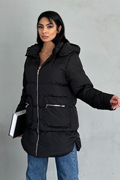 moda armanc Kadın Kapüşonlu Şişme Uzun Mont