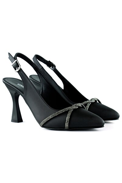 Erkan Saçmacı Raphtalia Plus Black Satin Burmese Stone Thin Heeled Open Back Evening Dress Shoes