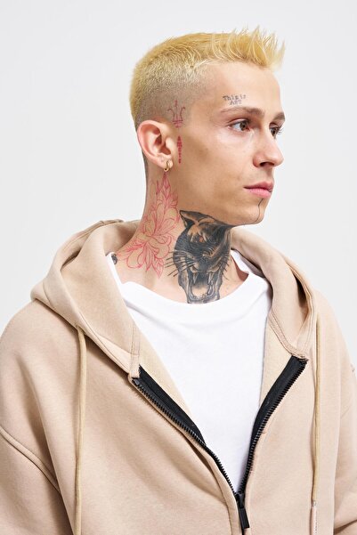 Machinist Men's Basic Zippered Pocket Hooded Oversize Beige Sweatshirt