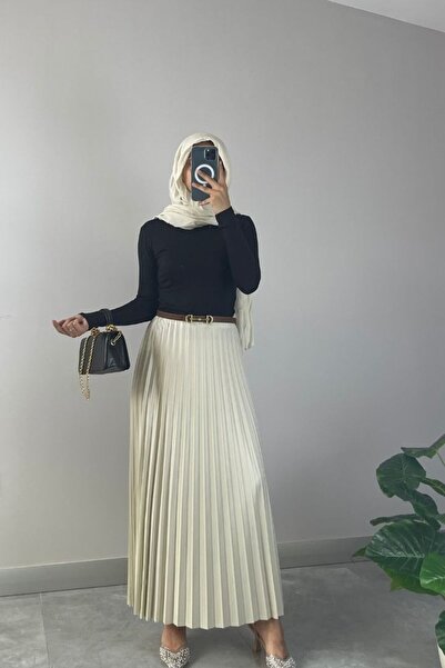 NİSUM MODA Leather Look Straight Pleated Skirt