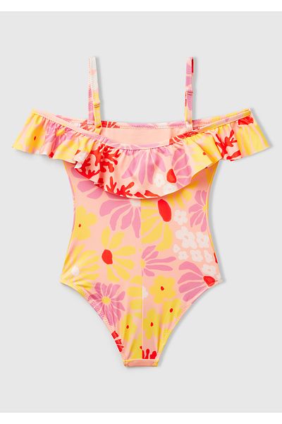 United Colors of Benetton Girl's Yellow Patterned and Ruffle Detailed Swimsuit