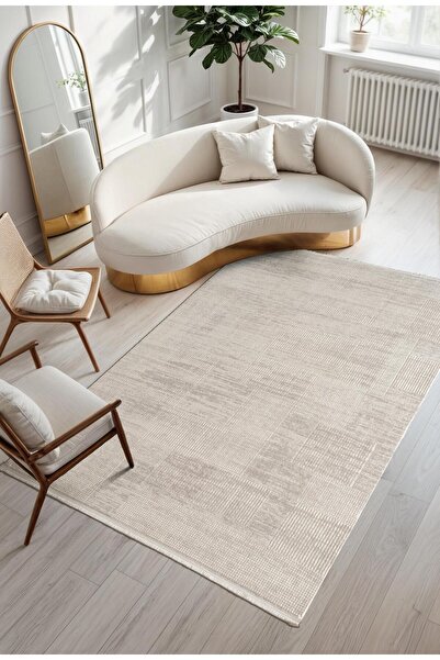 Armony Ar014g White Carpet Beige Detailed Modern Pattern Acrylic Cotton Sole Powder Less Living Room Carpet Corridor