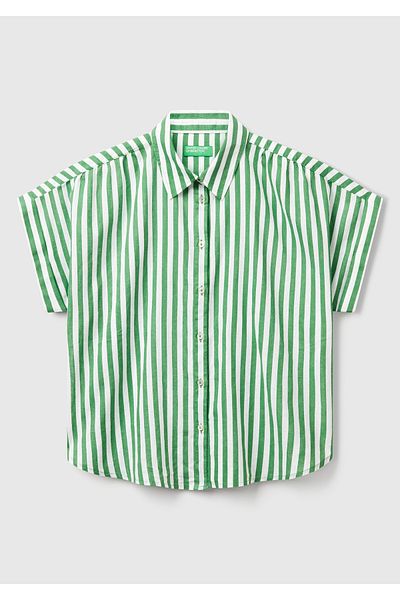 United Colors of Benetton Cămașă cu mâneci kimono cu dungi din amestec de in verde pentru femei