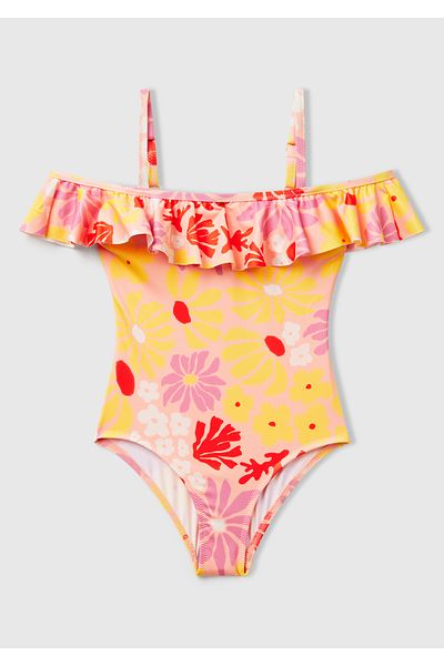 United Colors of Benetton Girl's Yellow Patterned and Ruffle Detailed Swimsuit