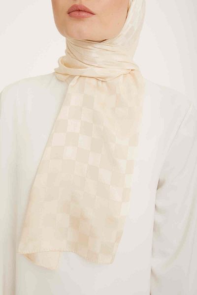 Armine Trend Jacquard Cream Checkerboard Pattern Diamond Shawl 2-23002