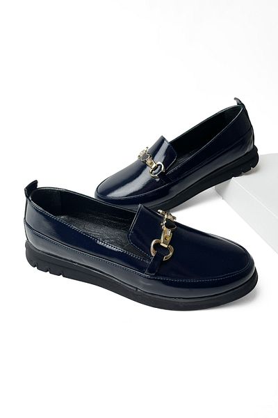 RABU Size 1 Narrow Fit Navy Blue Patent Leather Women's Genuine Leather Internal Hidden Wedge Heeled Loafer Shoes