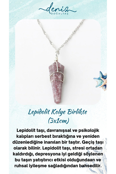 Deniz Doğal Taş Sertifikalı Lepidolit ( Taşlar) Doğaltaş Kolye Ucu, Gümüş Zin...