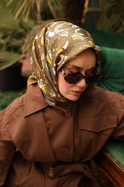 Silk Home Khaki Tivil Silk Scarf 11434-22 Flower Pattern