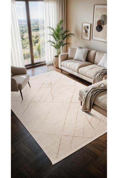 Cotto Home Moon MO103S Krem Halı Modern Hardal Detaylı Akrilik Pamuk Taban Sa...