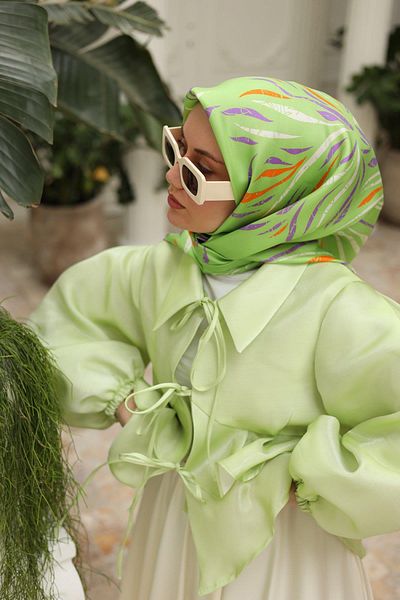 Silk Home Pistachio Green Patterned Tivil Silk Scarf 11432-06