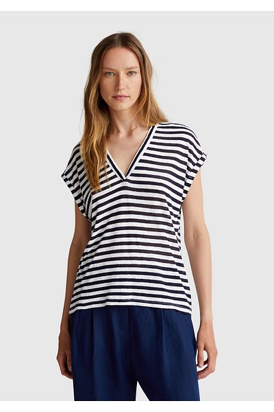 United Colors of Benetton Women's Navy Blue Mix Linen Blend Comfortable Fit Striped V-Neck T-Shirt