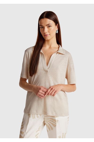 United Colors of Benetton Women's Stone Color 100% Linen Polo Neck T-Shirt