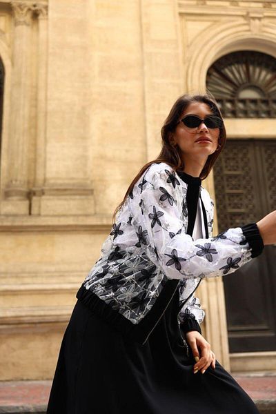 Cardella Triple Stylish Set with Sequin and Tulle Flower Detail Jacket and Crepe Skirt