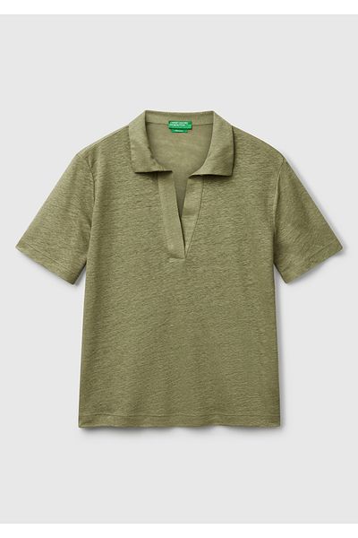 United Colors of Benetton Дамска тениска с поло яка от 100% лен в цвят салвия