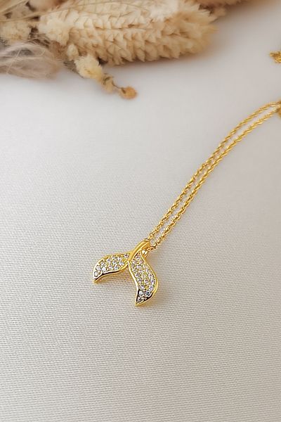 COSİTA Gold Zircon Stone Whale Tail Animal Figure Modern Design Steel Necklace