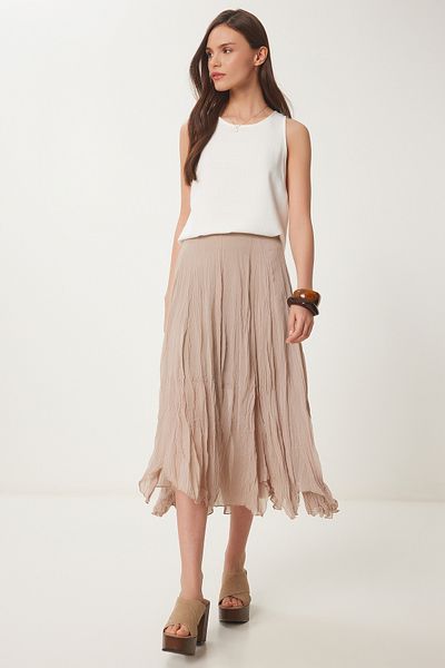 Lovelyİstanbul Fusta midi țesută cu efect de șifon BEIGE LNS0019