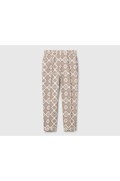United Colors of Benetton Women's White Mix 100% Linen Patterned Elastic Waist Trousers