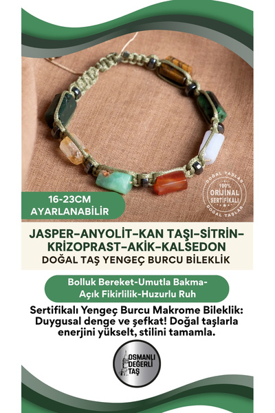 OSMANLI DEĞERLİ TAŞ Certified Cancer Natural Stone Macrame Adjustable Bracelet