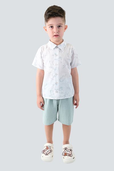 ÇİTİL Baby Boy Muslin Wrinkle Fabric Mint Green Shorts White Linen Shirt