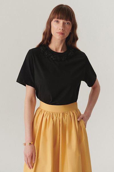 Exquise Tricou negru tricotat din bumbac obișnuit cu detaliu de procesare