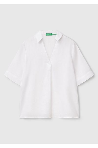 United Colors of Benetton Bluză cu mânecă scurtă, albă, 100% in, pentru femei, cu guler în V