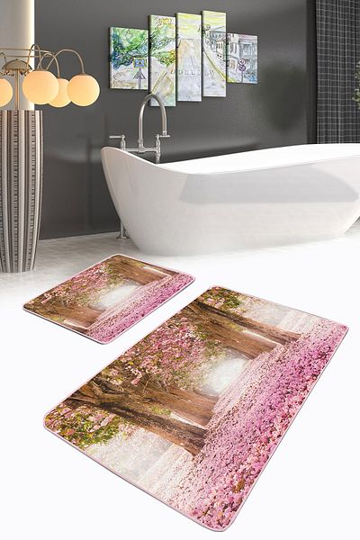 Realhomes Pink Floral Tree Patterned 2-Piece Bath Mat Set