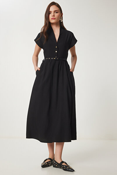Lovelyİstanbul Rochie țesută de vară cu efect de șifonat NEGRU LUB0090