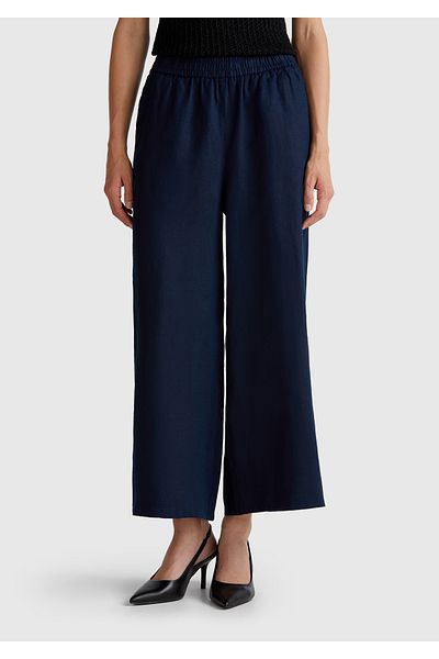 United Colors of Benetton Women's Navy Blue 100% Linen Loose Short Leg Trousers with Elastic Waist