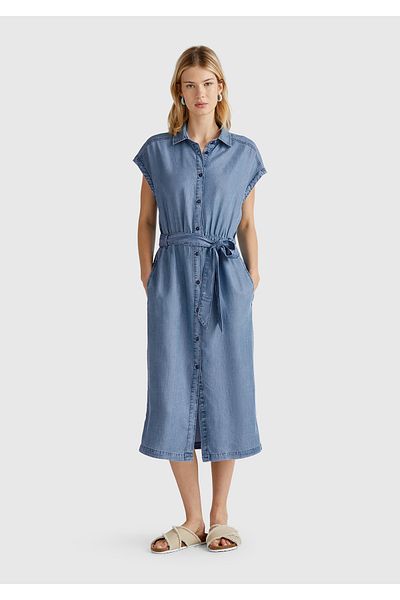 United Colors of Benetton Rochie midi albastru deschis pentru femei, 100% liyosel, cu guler polo, cu talie