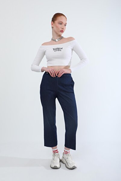 Bluewhite Kadın Beli Lastikli Likralı Yan Cepli Jean Pantolon Lacivert