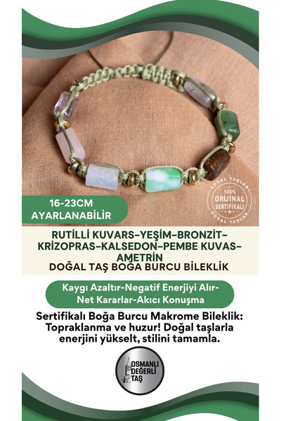 OSMANLI DEĞERLİ TAŞ SERTİFİKALI Boğa Burcu Doğal Taş Makrome Ayarlanabilir Bi...