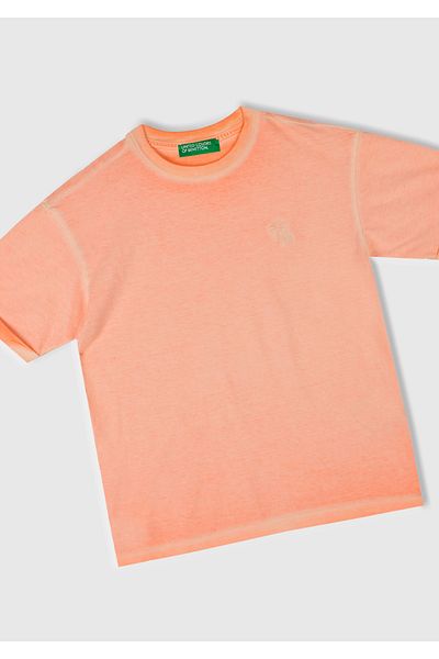 United Colors of Benetton Boy's Orange Faded Effect Logo Embroidered Oversize T-Shirt