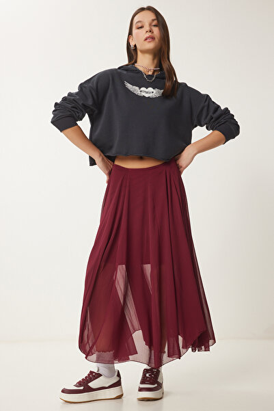 Lovelyİstanbul Crinkle Effect Woven Midi Skirt Burgundy Lns0019