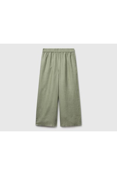 United Colors of Benetton Women's Sage Green 100% Linen Elastic Waist Loose Short Leg Trousers